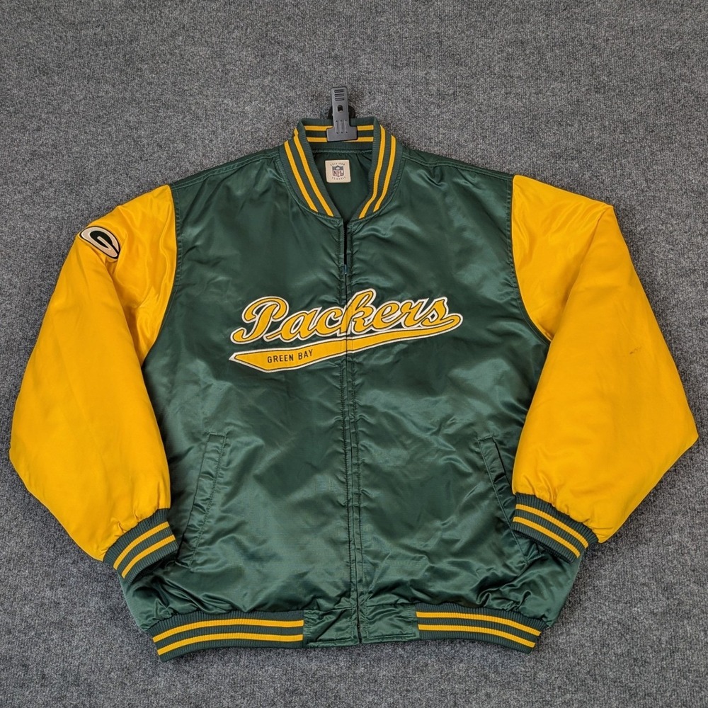 Reebok NFL Green Bay Packers Reversible Satin Varsity Jacket Green Yellow Large